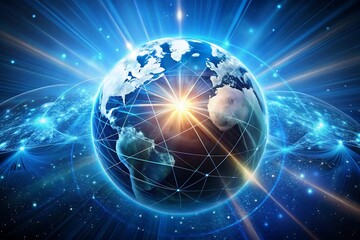 Obraz premium A vibrant blue globe is surrounded by a complex network of connections, radiating energy and light against a dark cosmic background