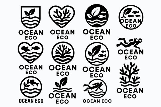 Collection of ocean eco logos featuring marine life and environmental symbols
