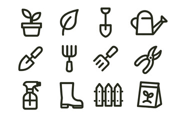 Garden tool icons set: plant, leaf, shovel, watering can, pruning shears
