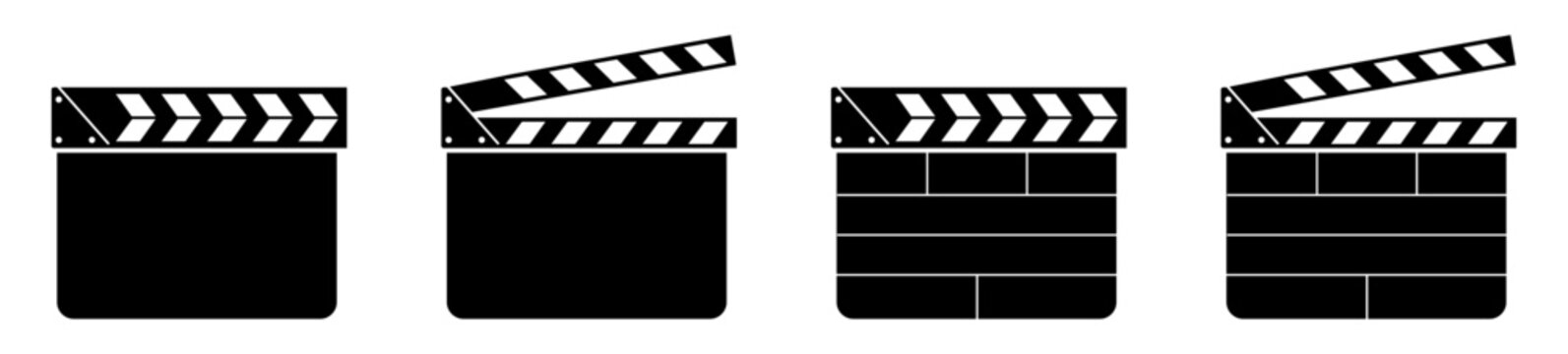 Collection of movie clapper board icons in different styles and positions. Ideal for film, cinema, video editing, media production, and director related graphic elements and UI design.
