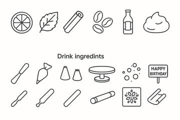 Black and white icon set of drink and baking ingredients with decorative symbols