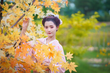 Beautiful Asian tourist woman in Furisode kimono enjoying the colorful maple tree in the autumn...