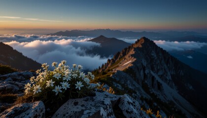 Obraz premium High-resolution hyper-realistic image of beautiful edelweiss-covered Everest mountains majestic peak in bloom, with macro floral focus, conveying a sense of awe and divine power