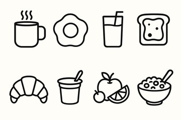 Obraz premium Outline icons of breakfast foods: coffee, egg, juice, toast, croissant, yogurt, fruit, cereal