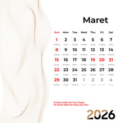 March 2026 Javanese calendar presents a harmonious fusion of solar-lunar cycles and five-day Pasaran system in an abstract wave design.