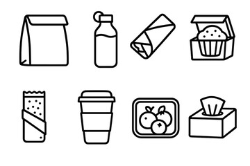 Minimalist black icons set: food and drink essentials on olive background