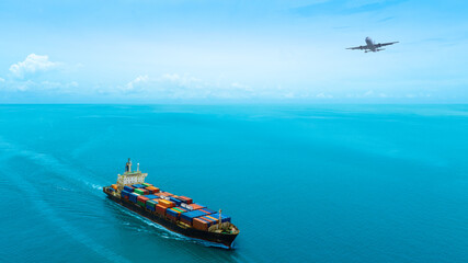 Aerial view of the freight shipping transport system cargo ship container. international...