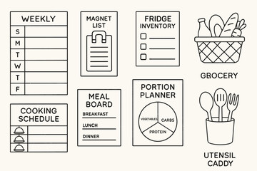 Weekly meal planner with grocery list and kitchen organization tools