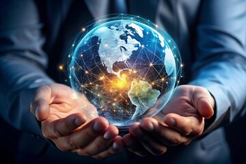A businessman holds a glowing digital globe in his hands, representing global connections and technological advancements