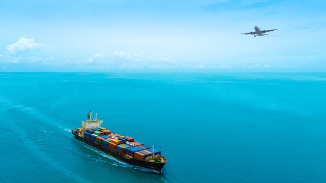 Fototapeta Aerial view of the freight shipping transport system cargo ship container. international transportation Export-import business, logistics, transportation industry concepts 