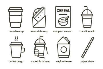 Minimalist icons of eco-friendly food and beverage containers