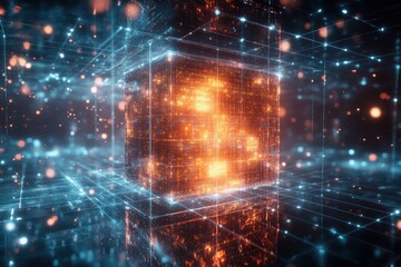 Abstract sci-fi concept of big data confinement, glowing particles in glass cube prison