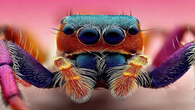 Vibrant Jumping Spider Macro: Detailed Close-Up of Colorful Arachnid Face