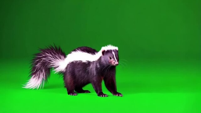 A skunk with black and white fur standing on a green screen looking to the right side view shot green screen video
