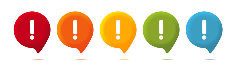 3D Colorful Exclamation Mark with Conversation Bubble and Notification Icons – Red, Orange, Yellow, Green, Blue Alert Symbols. Vector.