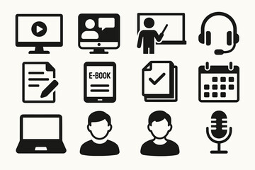 Digital communication and learning icons — computer, presentation, e-book, headset, microphone