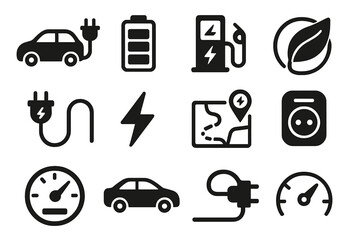 Electric vehicle icons: charging, battery, leaf, and speed symbols