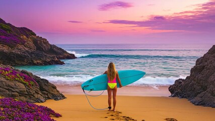 Young woman with surfboard standing on beach at sunset - Powered by Adobe