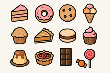 Colorful assortment of cartoon desserts and sweets collection