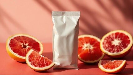White package mockup with grapefruit slices for branding presentation and product advertising design