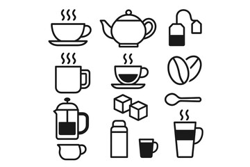 Tea and coffee icons: cups, kettles, beans, and accessories in black outline