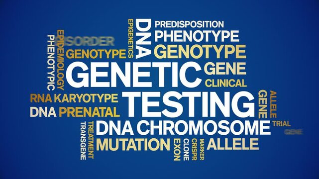 Genetic Testing animated word cloud;text design animation tag kinetic typography seamless loop.