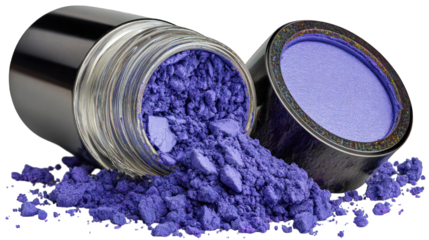 Purple powder spills from open cosmetic jar