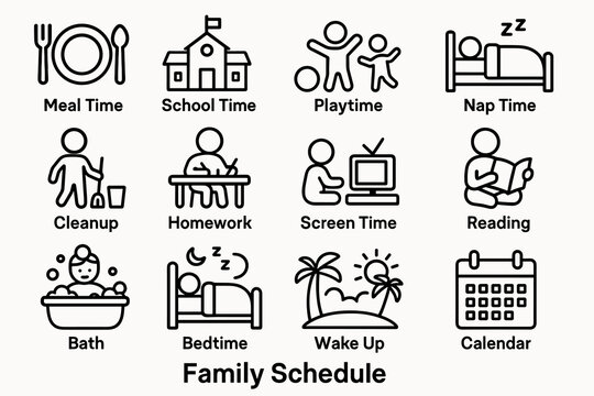 Illustrative family schedule: daily activities for children and parents in icon set