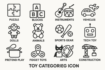 Toy categories icon set featuring instruments, vehicles, dolls, animals, sports gear, tech toys, and more