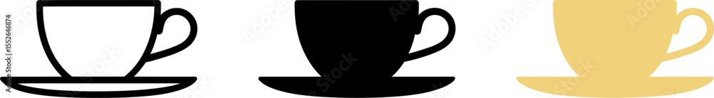 Poster vector graphic of three coffee cups and saucers in black outline and yellow for design elements edit