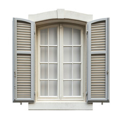 Fototapeta premium Elegant arched window with gray shutters opened revealing white panes