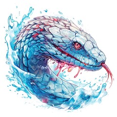 Wounded crystalline snake emerging from blue water isolated on white background