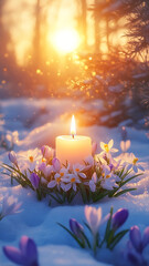The picture shows a winter landscape, where the gentle rays of the sun begin to break through the remnants of snow. In the center is a bright symbol a burning candle surrounded by the Flower