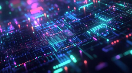 Obraz premium A digital-inspired abstract background with glowing neon grids, circles, and circuit patterns in cool tones of blue, green, and purple, on a dark backdrop