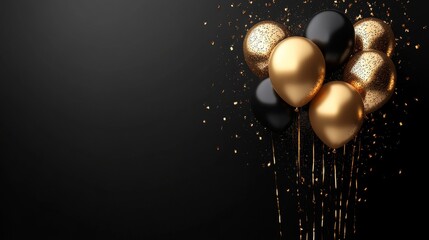 Elegant black and gold balloons with confetti on dark background