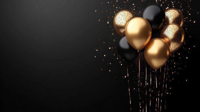 Elegant black and gold balloons with confetti on dark background - Powered by Adobe