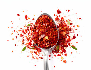 Spoonful of Paprika Vibrant Red Chili Flakes, Isolated on White