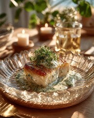 Homemade Scandinavian fish dish Freshly Cooked Fish Fillet Served on a Glass Plate with Herb Sauce