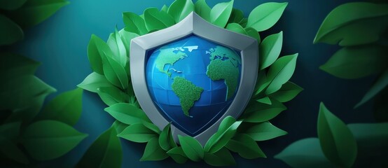 Shield with Globe and Natural Elements in Blue Green Color Earth protection banner