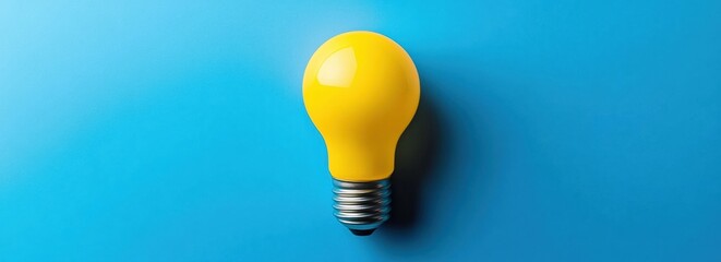 Single new yellow light bulb with round shape on blue Innovation is the practical implementation
