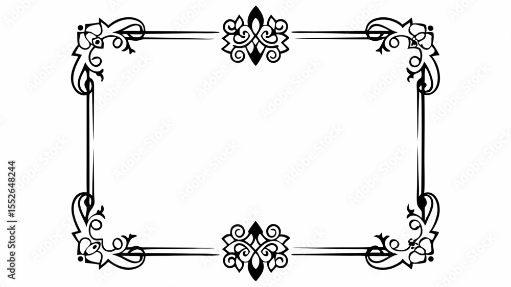 Poster elegant black and white frame with floral corner elements and central decorative motifs on top and b