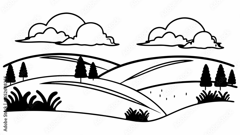 Poster black and white drawing of a landscape with rolling hills trees bushes and clouds in the sky above i