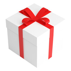 A white gift box adorned with a red ribbon, symbolizing celebration and giving.