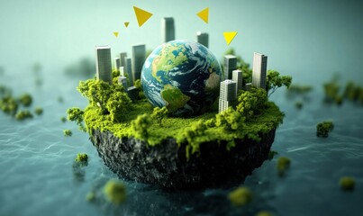Small Island with Globe, Trees, Buildings, Skyscrapers, Eco-friendly Theme, Playful Renewable and Sustainable Energy Concept, Environmental