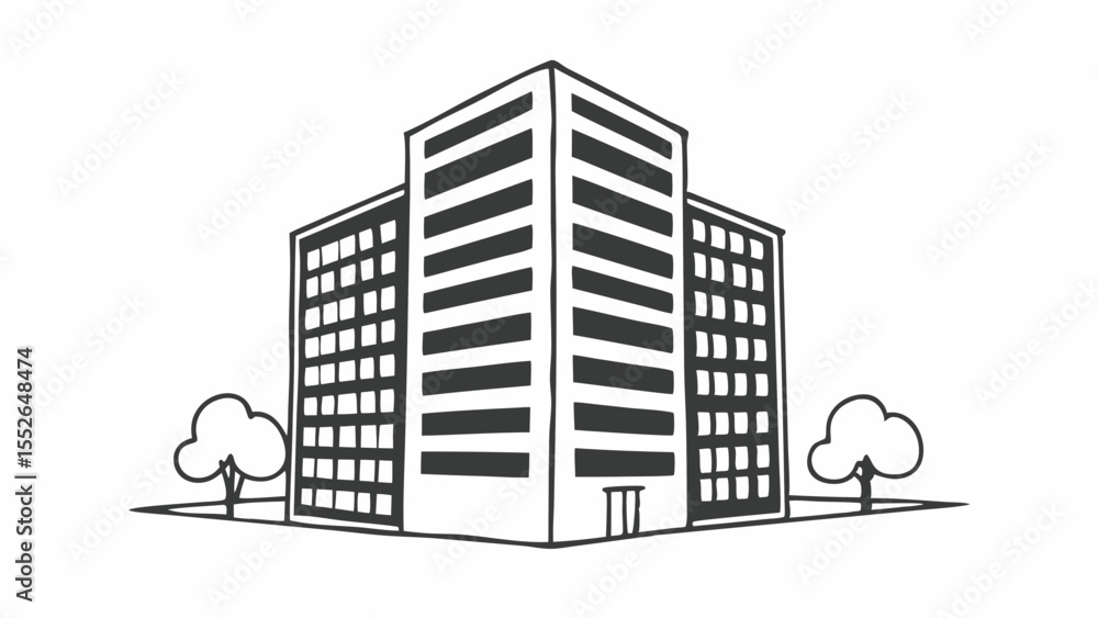 Poster illustration of a three section building with trees in a simple black and white sketch style created