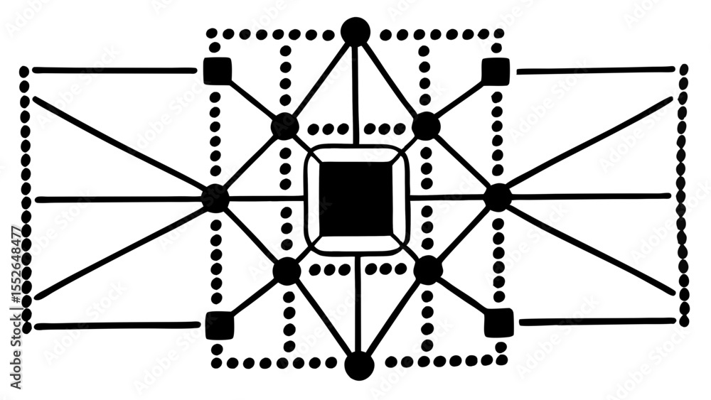 Poster complex geometric design featuring interconnected shapes and dotted square borders symmetrically arr