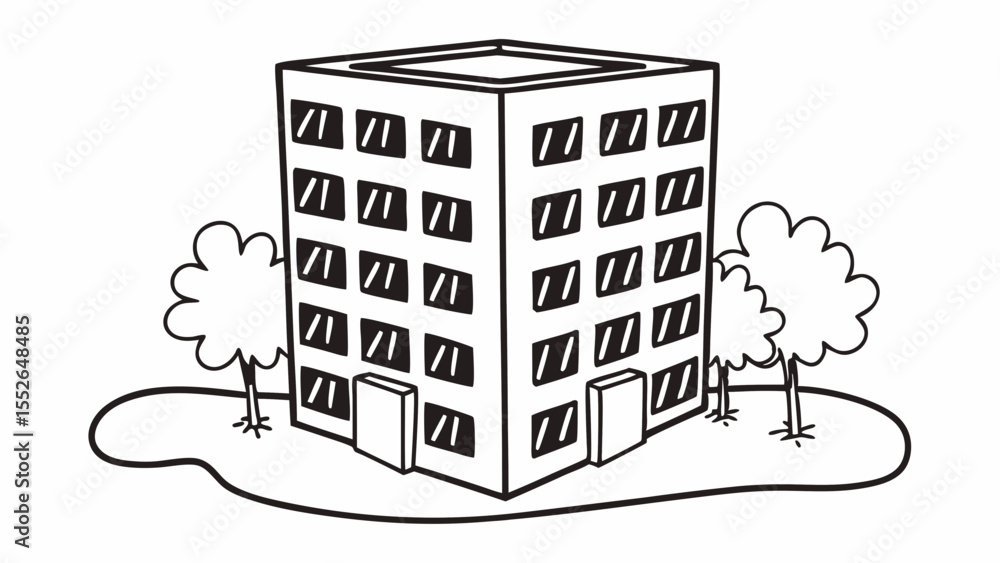 Poster illustration of a multistory building with many windows and trees surrounding it on a patch of land 
