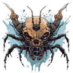 Biomechanical insect skull with robotic limbs set against a blue paint splatter background.