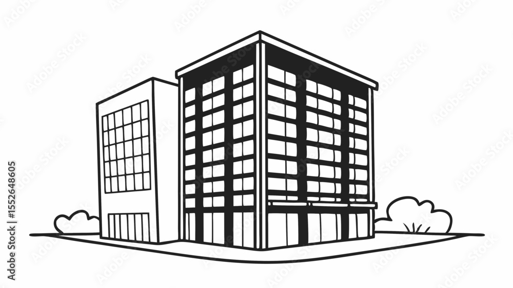 Poster illustration of a modern office building complex with multiple windows and landscaping around it cre