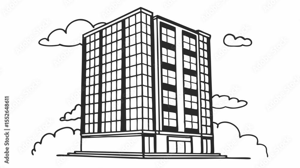 Poster illustration of a tall modern office building with many windows and clouds in the background art sty